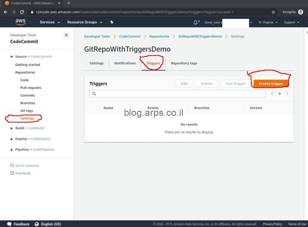 הוספת טריגר לריפו שלנו בCodeCommit